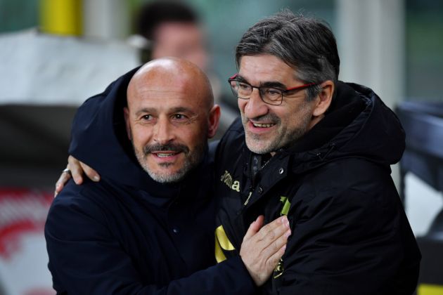 TURIN, ITALY - MARCH 02: Vincenzo Italiano, Head Coach of ACF Fiorentina, interacts with Ivan Juric, Head Coach of Torino FC, during the Serie A TIM match between Torino FC and ACF Fiorentina at Stadio Olimpico di Torino on March 02, 2024 in Turin, Italy. (Photo by Valerio Pennicino/Getty Images)