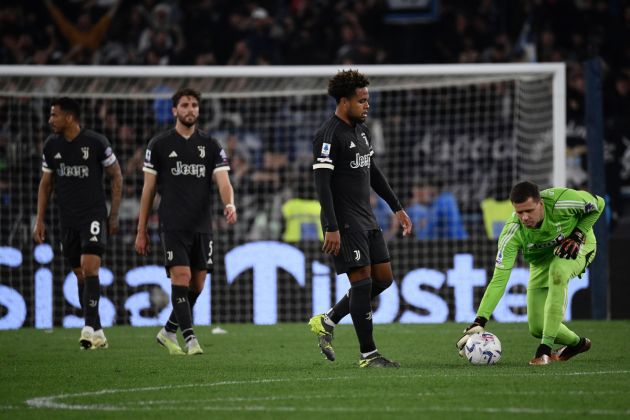 From left : Juventus' Brazilian defender #06 Danilo, Juventus' Italian midfielder #05 Manuel Locatelli, Juventus' US midfielder #16 Weston McKennie and Juventus' Polish goalkeeper #01 Wojciech Szczesny react during the Italian Serie A football match between Lazio and Juventus at the Olympic stadium in Rome, on March 30, 2024. (Photo by Filippo MONTEFORTE / AFP) (Photo by FILIPPO MONTEFORTE/AFP via Getty Images)