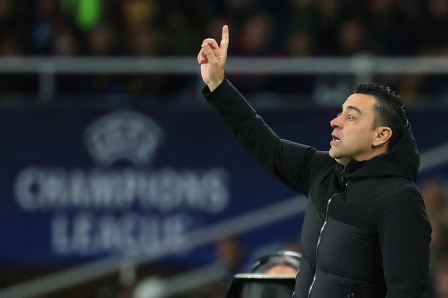 Barcelona's Spanish coach Xavi gestures during the UEFA Champions League last 16 second leg football match between FC Barcelona and SSC Napoli at the Estadi Olimpic Lluis Companys in Barcelona on March 12, 2024. (Photo by LLUIS GENE / AFP) (Photo by LLUIS GENE/AFP via Getty Images)