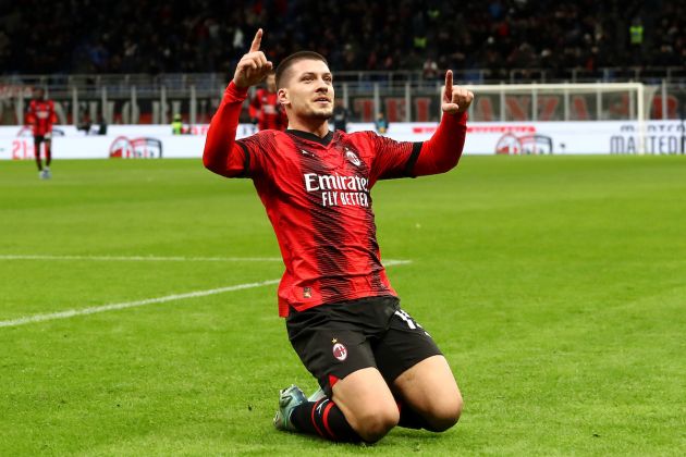 MILAN, ITALY - DECEMBER 02: Luka Jovic of AC Milan celebrates after scoring the team's first goal during the Serie A TIM match between AC Milan and Frosinone Calcio at Stadio Giuseppe Meazza on December 02, 2023 in Milan, Italy. (Photo by Marco Luzzani/Getty Images)