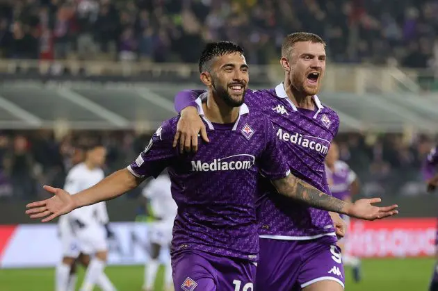 FLORENCE, ITALY - NOVEMBER 30: Nicolas Iván Gonzalez of ACF Fiorentina celebrates after scoring a goal during the match between of ACF Fiorentina and KRC Genk - Group F - Uefa Eurcopa Conference League 2023/24 at Stadio Artemio Franchi on November 30, 2023 in Florence, Italy. (Photo by Gabriele Maltinti/Getty Images)
