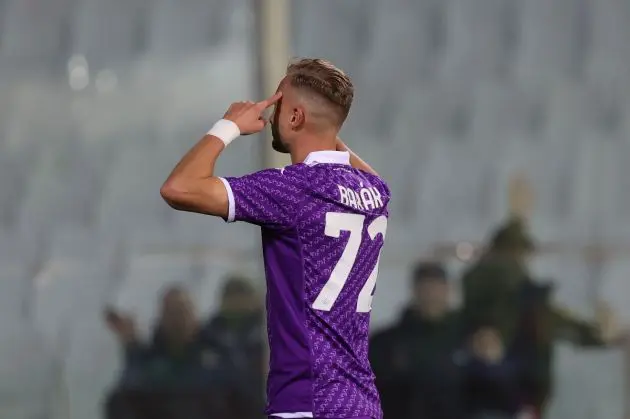 FLORENCE, ITALY - MARCH 14: Antonin Barak of ACF Fiorentina celebrates after scoring a goal during the UEFA Europa Conference League 2023/24 round of 16 second leg match between ACF Fiorentina and Maccabi Haifa at on March 14, 2024 in Florence, Italy.(Photo by Gabriele Maltinti/Getty Images)