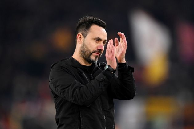 ROME, ITALY - MARCH 07: Roberto De Zerbi, Manager of Brighton & Hove Albion, applauds the fans at full-time following the team's defeat in the UEFA Europa League 2023/24 round of 16 first leg match between AS Roma and Brighton & Hove Albion at Stadio Olimpico on March 07, 2024 in Rome, Italy. (Photo by Mike Hewitt/Getty Images)