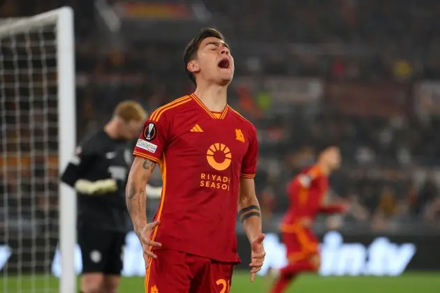 ROME, ITALY - MARCH 07: Paulo Dybala of AS Roma reacts after a missed chance during the UEFA Europa League 2023/24 round of 16 first leg match between AS Roma and Brighton & Hove Albion at Stadio Olimpico on March 07, 2024 in Rome, Italy. (Photo by Mike Hewitt/Getty Images)