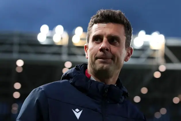 BERGAMO, ITALY - MARCH 03: Thiago Motta, Head Coach of Bologna FC, looks on during the Serie A TIM match between Atalanta BC and Bologna FC - Serie A TIM at Gewiss Stadium on March 03, 2024 in Bergamo, Italy. (Photo by Emilio Andreoli/Getty Images)