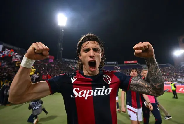 BOLOGNA, ITALY - FEBRUARY 03: Riccardo Calafiori of Bologna FC celebrates after the Serie A TIM match between Bologna FC and US Sassuolo at Stadio Renato Dall'Ara on February 03, 2024 in Bologna, Italy. (Photo by Alessandro Sabattini/Getty Images)