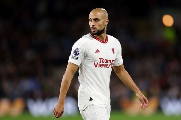 BURNLEY, ENGLAND - SEPTEMBER 23: Sofyan Amrabat of Manchester United looks on during the Premier League match between Burnley FC and Manchester United at Turf Moor on September 23, 2023 in Burnley, England. (Photo by Matt McNulty/Getty Images)