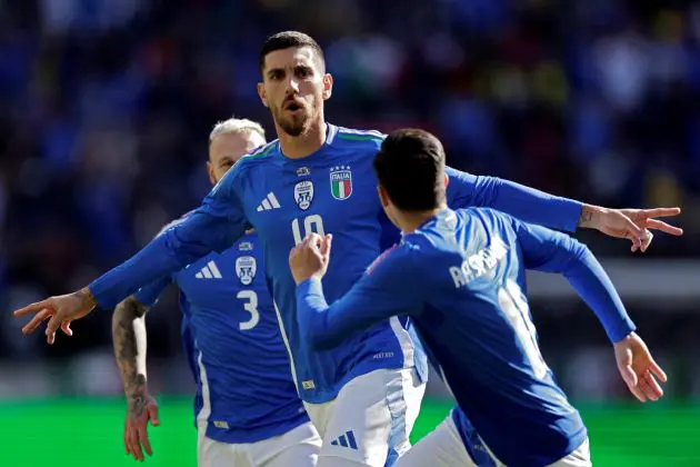 HARRISON, NEW JERSEY - MARCH 24: Giacomo Raspadori #10 of Italy reacts after a goal during the first half of the International Friendly between Ecuador and Italy at Red Bull Arena on March 24, 2024 in Harrison, New Jersey. (Photo by Adam Hunger/Getty Images)