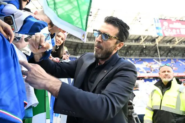 HARRISON, NEW JERSEY - MARCH 24: Gianluigi Buffon signs autographs prior to the International Friendly match between Ecuador and Italy at Red Bull Arena on March 24, 2024 in Harrison, New Jersey. (Photo by Claudio Villa/Getty Images)