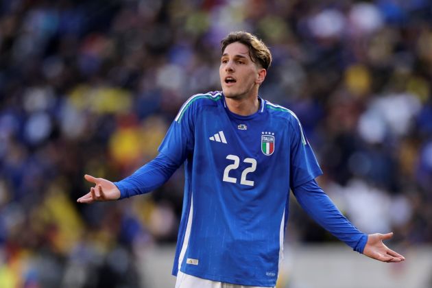 HARRISON, NEW JERSEY - MARCH 24: Serie A linked Nicolo Zaniolo of Aston Villa and Italy reacts during the first half of the International Friendly between Ecuador and Italy at Red Bull Arena on March 24, 2024 in Harrison, New Jersey. (Photo by Adam Hunger/Getty Images)