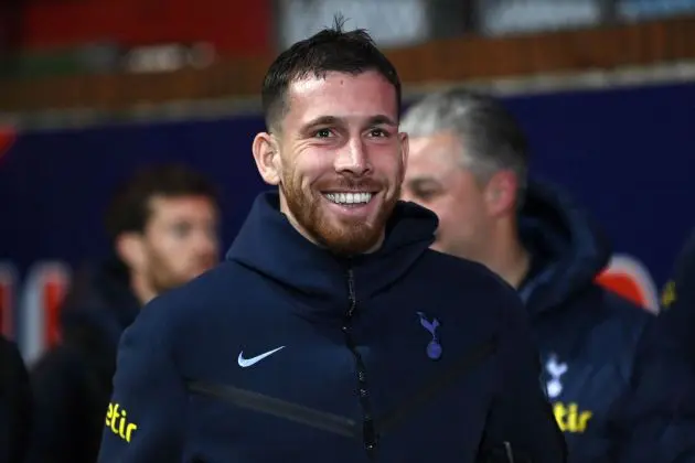 Tottenham Hotspur midfielder #05 Pierre-Emile Hojbjerg arrives to attend the English Premier League football match between Crystal Palace and Tottenham Hotspur at Selhurst Park in south London on October 27, 2023. (Photo by Glyn KIRK / AFP) (Photo by GLYN KIRK/AFP via Getty Images)