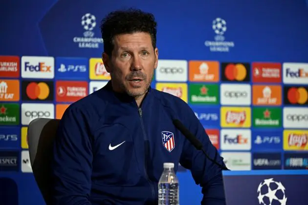 Atletico Madrid coach Diego Simeone gives a press conference on the eve of their UEFA Champions League last 16 second leg football match against Inter Milan at the Metropolitano stadium in Madrid on March 12, 2024. (Photo by JAVIER SORIANO / AFP)