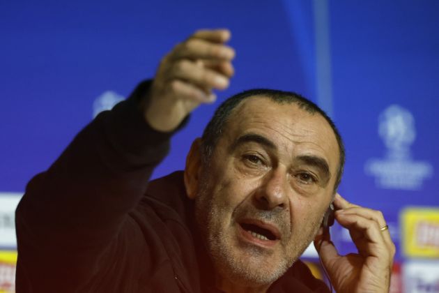 Lazio head coach Maurizio Sarri gestures during a press conference on the eve of their UEFA Champions League group E football match against Club Atletico de Madrid at the Metropolitano stadium in Madrid on December 12, 2023. (Photo by OSCAR DEL POZO / AFP)