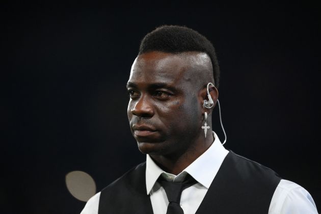 Former Italy forward Mario Balotelli watches the celebrations after the UEFA Champions League final football match between Inter Milan and Manchester City at the Ataturk Olympic Stadium in Istanbul, on June 10, 2023. (Photo by FRANCK FIFE / AFP) (Photo by FRANCK FIFE/AFP via Getty Images)