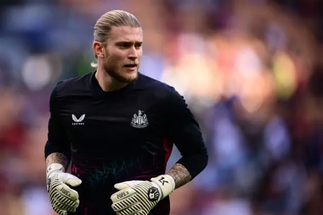 Newcastle United goalkeeper Loris Karius warms up before the UEFA Champions League 1st round group F football match between AC Milan and Newcastle at the San Siro stadium in Milan on September 19, 2023. (Photo by Marco BERTORELLO / AFP) (Photo by MARCO BERTORELLO/AFP via Getty Images)