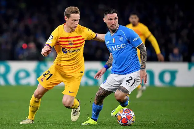 Napoli forward Matteo Politano (R) vies with Barcelona midfielder Frenkie de Jong (L) during the UEFA Champions League round of 16 first Leg football match between Napoli and Barcelona at the Diego-Armando-Maradona stadium in Naples on February 21, 2024. (Photo by Tiziana FABI / AFP) (Photo by TIZIANA FABI/AFP via Getty Images)