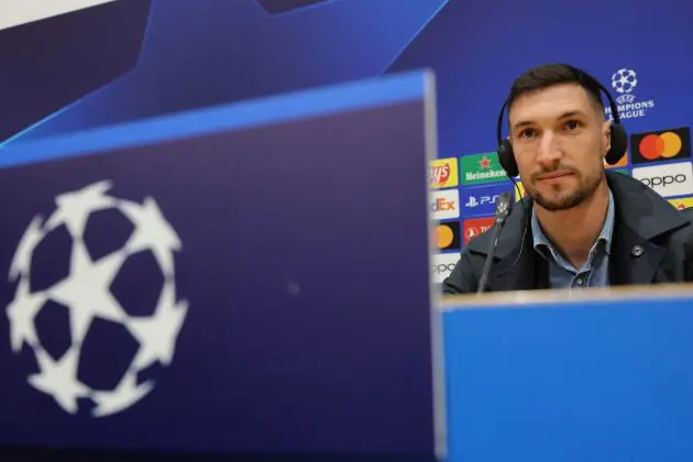 Napoli forward Matteo Politano addresses a press conference on the eve of their UEFA Champions League last 16 second leg football match against FC Barcelona at the Estadi Olimpic Lluis Companys in Barcelona on March 11, 2024. (Photo by LLUIS GENE / AFP)