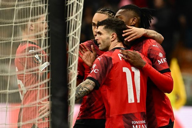 AC Milan forward Christian Pulisic (2nd R) celebrates after scoring his team's fourth goal during the UEFA Europa League match, Round of 16, 1st leg, between AC Milan and SK Slavia Prague at the San Siro Stadium in Milan on March 7, 2024. (Photo by GABRIEL BOUYS / AFP)