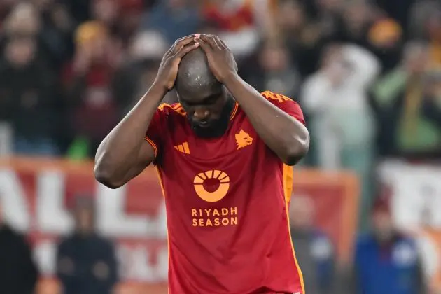 Roma forward Romelu Lukaku reacts after he failed to score a penalty during the UEFA Europa League round of 16 play-off football match between AS Roma and Feyenoord at the Olympic stadium in Rome on February 22, 2024. (Photo by Alberto PIZZOLI / AFP)