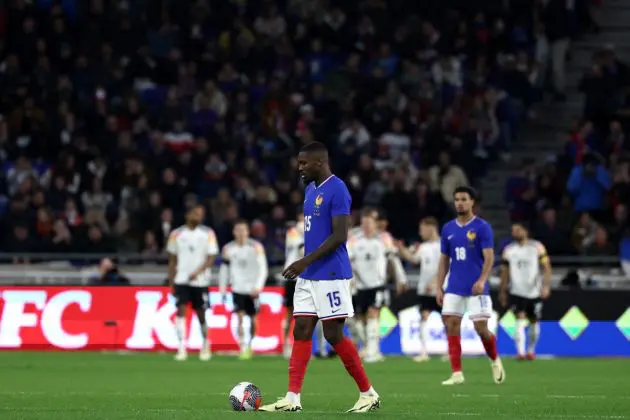 France and Inter forward Marcus Thuram (C) reacts after Germany scores their second goal during the friendly football match between France and Germany, at the Groupama Stadium in Decines-Charpieu, near Lyon, on March 23, 2024. (Photo by FRANCK FIFE / AFP) (Photo by FRANCK FIFE/AFP via Getty Images)