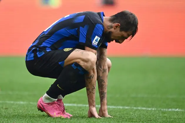 Inter Milan defender Francesco Acerbi reacts following their 2-2 draw in the Italian Serie A football match between Inter Milan and Bologna at The San Siro Stadium in Milan on October 7, 2023. (Photo by GABRIEL BOUYS / AFP) (Photo by GABRIEL BOUYS/AFP via Getty Images)