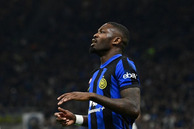 Inter Milan forward Marcus Thuram reacts during the Serie A football match between Inter Milan and Napoli at San Siro stadium in Milan, on March 17, 2024. (Photo by Isabella BONOTTO / AFP) (Photo by ISABELLA BONOTTO/AFP via Getty Images)