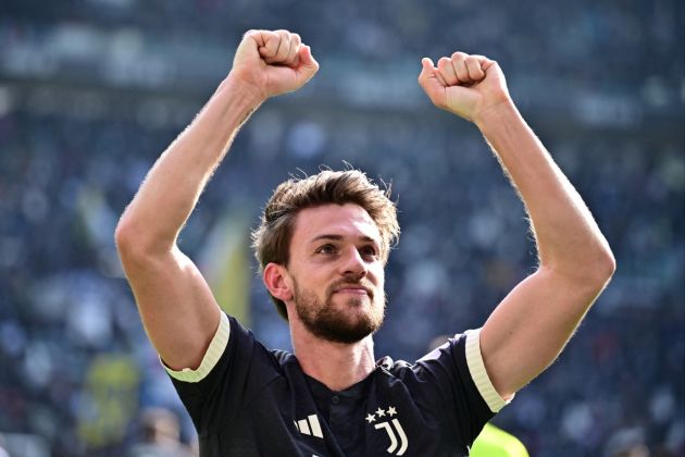 Juventus defender Daniele Rugani celebrates after scoring a goal during the Italian Serie A football match Juventus vs Frosinone on February 25, 2024 at the "Allianz Stadium" in Turin. (Photo by MARCO BERTORELLO / AFP) (Photo by MARCO BERTORELLO/AFP via Getty Images)