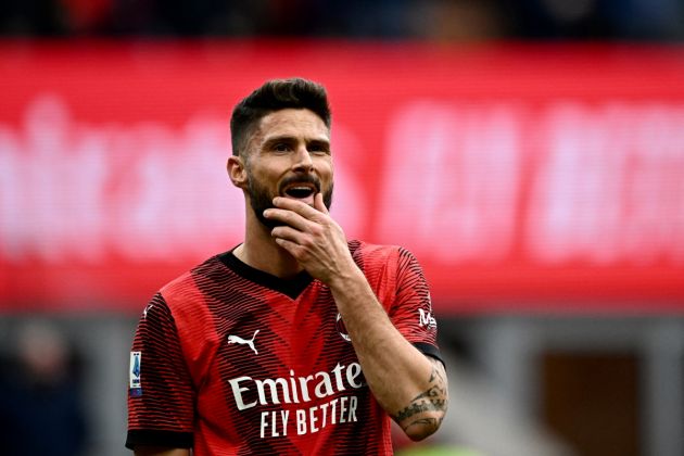 AC Milan forward Olivier Giroud reacts during the Italian Serie A football match between AC Milan and Empoli at San Siro stadium in Milan, on March 10, 2024. (Photo by GABRIEL BOUYS / AFP) (Photo by GABRIEL BOUYS/AFP via Getty Images) - LAFC