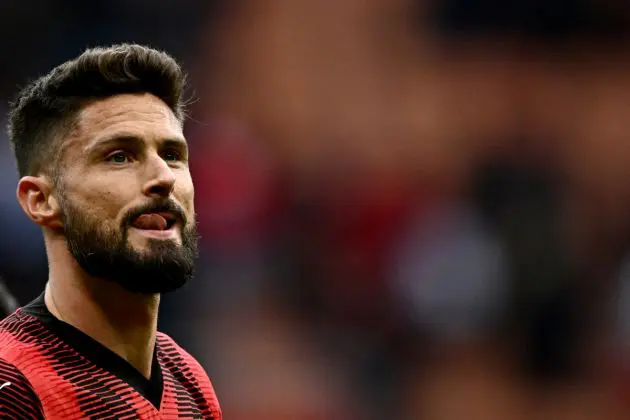 AC Milan forward Olivier Giroud reacts after the Italian Serie A football match between AC Milan and Empoli at San Siro stadium in Milan, on March 10, 2024. (Photo by GABRIEL BOUYS / AFP) (Photo by GABRIEL BOUYS/AFP via Getty Images)