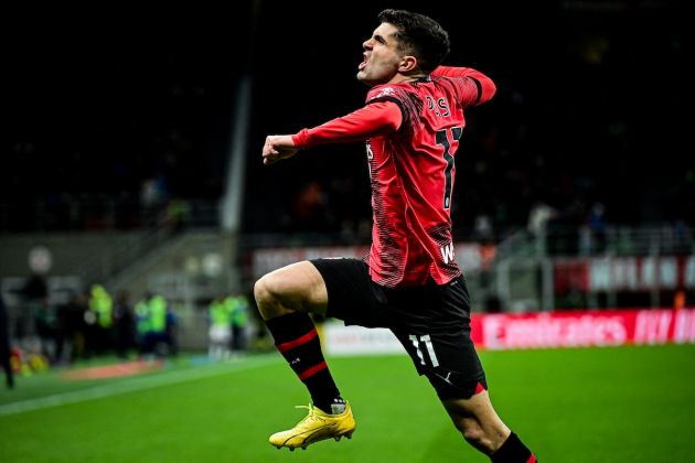 AC Milan forward Christian Pulisic reacts after scoring his team's second goal during the Serie A football match between AC Milan and Frosinone at San Siro stadium in Milan, on December 2, 2023. (Photo by Piero CRUCIATTI / AFP)