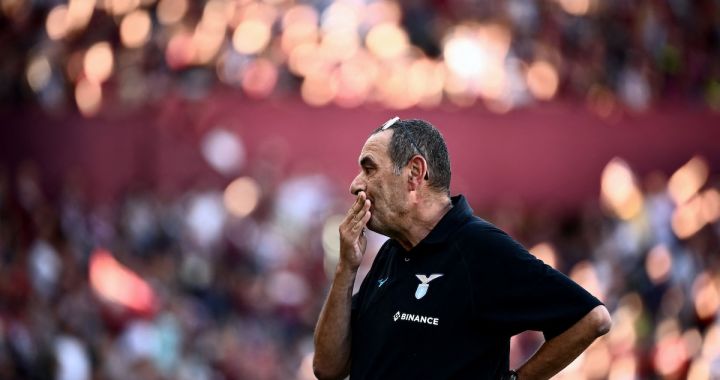 Lazio coach Maurizio Sarri looks on prior to the Italian Serie A football match between Torino and Lazio, on August 20, 2022 at the stadio Olimpico in Turin. (Photo by Marco BERTORELLO / AFP) (Photo by MARCO BERTORELLO/AFP via Getty Images)