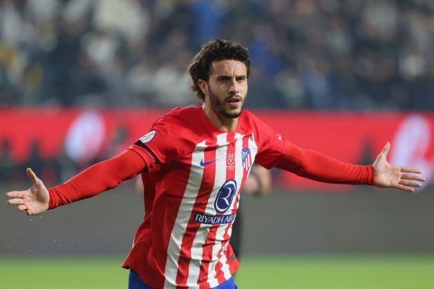 Atletico Madrid defender #22 Mario Hermoso celebrates scoring his team's first goal during the Spanish Super Cup semi-final football match between Real Madrid and Atletico Madrid at the Al-Awwal Park Stadium in Riyadh, on January 10, 2024. (Photo by Fayez NURELDINE / AFP)