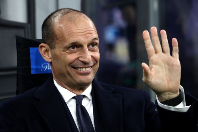MILAN, ITALY - FEBRUARY 04: Massimiliano Allegri, Head Coach of Juventus, gestures prior to kick-off ahead of the Serie A TIM match between FC Internazionale and Juventus - Serie A TIM at Stadio Giuseppe Meazza on February 04, 2024 in Milan, Italy. (Photo by Marco Luzzani/Getty Images)