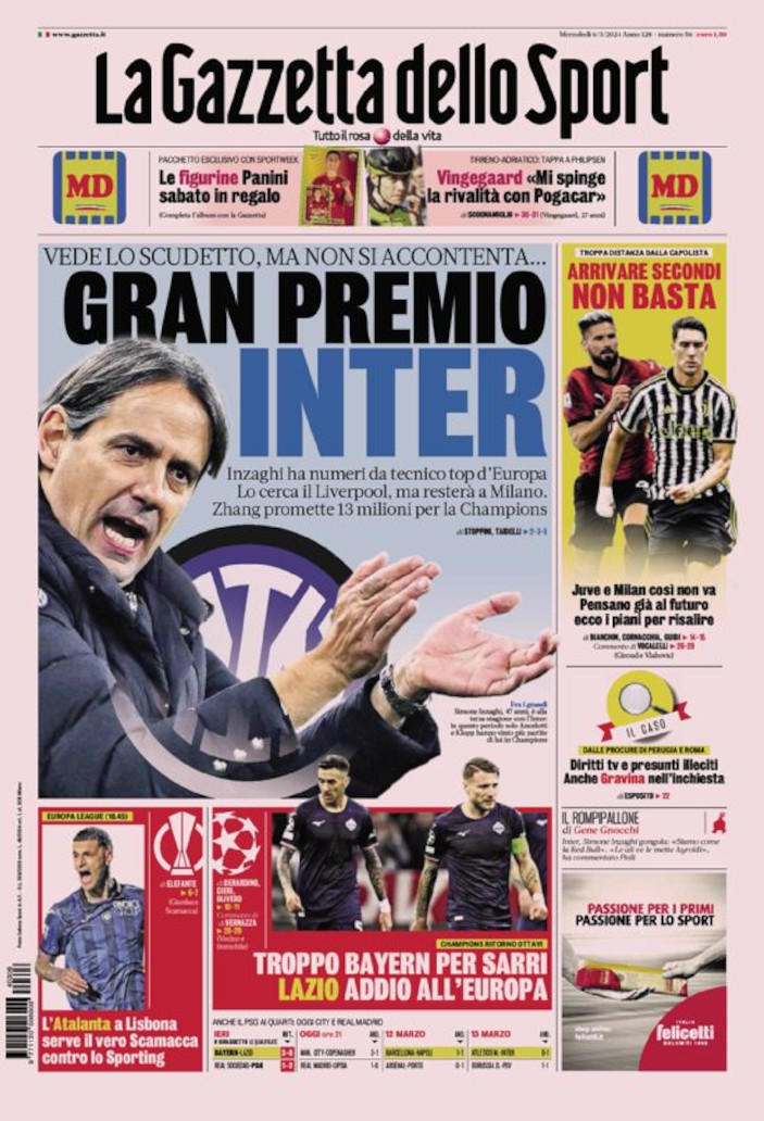 Today’s Papers – Too Much Bayern For Lazio, Inter Reward Inzaghi