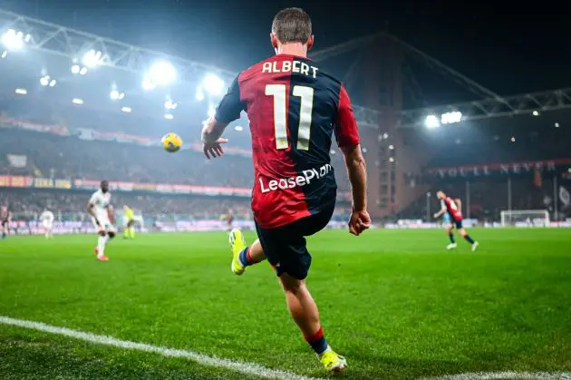 GENOA, ITALY - MARCH 9: Albert Gudmundsson of Genoa takes a corner-kick during the Serie A TIM match between Genoa CFC and AC Monza at Stadio Luigi Ferraris on March 9, 2024 in Genoa, Italy. (Photo by Simone Arveda/Getty Images)