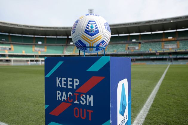 VERONA, ITALY - MARCH 21: The match ball is seen on a plinth with the words "Keep Racism Out" prior to the Serie A match between Hellas Verona FC and Atalanta BC at Stadio Marcantonio Bentegodi on March 21, 2021 in Verona, Italy. Sporting stadiums around Italy remain under strict restrictions due to the Coronavirus Pandemic as Government social distancing laws prohibit fans inside venues resulting in games being played behind closed doors. (Photo by Emilio Andreoli/Getty Images)