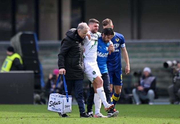 Domenico Berardi suffers injury to his achilles tendon during the Serie A match between Hellas Verona and Sassuolo on March 3, 2024.