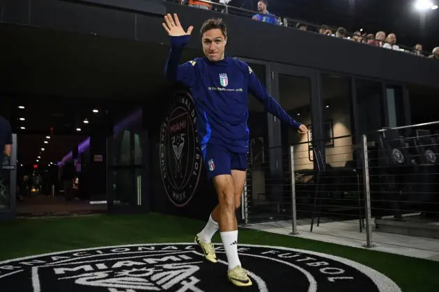 FORT LAUDERDALE, FLORIDA - MARCH 19: Italian national football team member Federico Chiesa arrives for a training session at Chase Stadium on March 19, 2024 in Fort Lauderdale, Florida. (Photo by Claudio Villa/Getty Images)