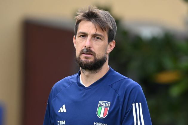 FLORENCE, ITALY - OCTOBER 15: Serie A defender Francesco Acerbi of Italy looks on during a training session at Centro Tecnico Federale di Coverciano on October 15, 2023 in Florence, Italy. (Photo by Claudio Villa/Getty Images)
