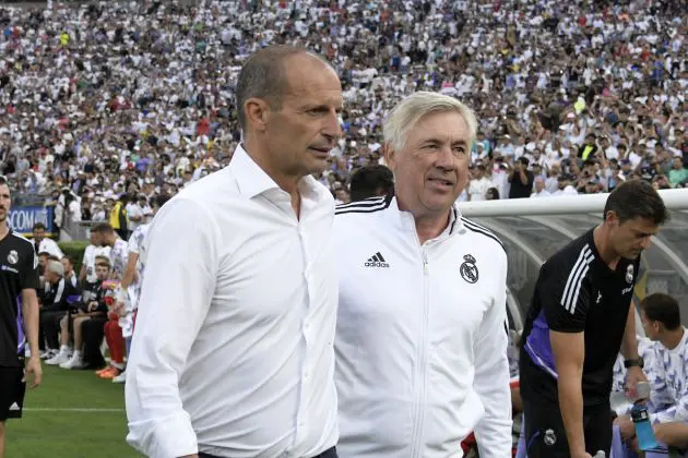 PASADENA, CA - JULY 30: Managers Carlo Ancelotti of Real Madrid (R) and Massimiliano Allegri of Juventus arrive together for the friendly soccer match of the Soccer Champions Tour 22 at the Rose Bowl on July 30, 2022 in Pasadena, California. (Photo by Kevork Djansezian/Getty Images)