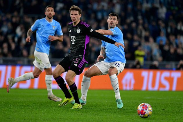 ROME, ITALY - FEBRUARY 13: Alessio Romagnoli of SS Lazio compete for the ball with Thomas Muller of Bayern Munchen during a press conference ahead of their UEFA Champions League match against SS Lazio and Bayern Munchen at Formello sport centre on February 13, 2024 in Rome, Italy. (Photo by Marco Rosi - SS Lazio/Getty Images)