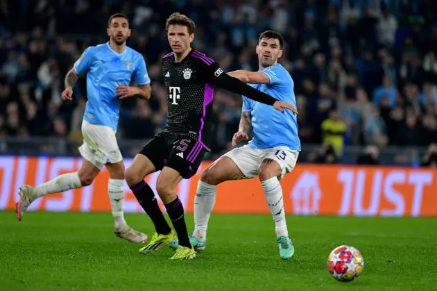 ROME, ITALY - FEBRUARY 13: Alessio Romagnoli of SS Lazio compete for the ball with Thomas Muller of Bayern Munchen during a press conference ahead of their UEFA Champions League match against SS Lazio and Bayern Munchen at Formello sport centre on February 13, 2024 in Rome, Italy. (Photo by Marco Rosi - SS Lazio/Getty Images)