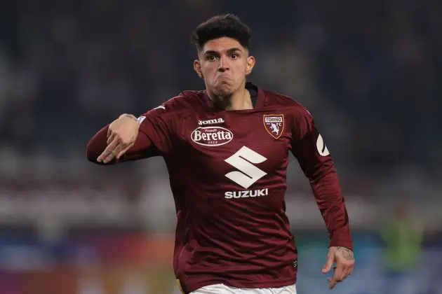 TURIN, ITALY - FEBRUARY 16: Raoul Bellanova of Torino FC celebrates after scoring to give the side a 1-0 lead during the Serie A TIM match between Torino FC and US Lecce - Serie A TIM at Stadio Olimpico di Torino on February 16, 2024 in Turin, Italy. (Photo by Jonathan Moscrop/Getty Images)