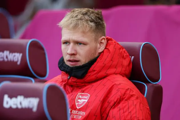 LONDON, ENGLAND - FEBRUARY 11: Aaron Ramsdale of Arsenal looks on from the bench prior to the Premier League match between West Ham United and Arsenal FC at London Stadium on February 11, 2024 in London, England. (Photo by Julian Finney/Getty Images)