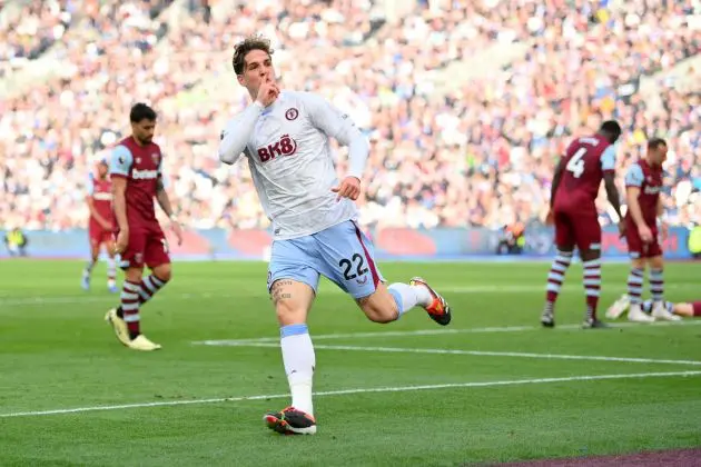 LONDON, ENGLAND - MARCH 17: Nicolo Zaniolo of Aston Villa celebrates scoring his team's first goal during the Premier League match between West Ham United and Aston Villa at London Stadium on March 17, 2024 in London, England. (Photo by Justin Setterfield/Getty Images)