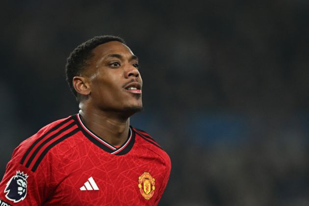 Manchester United's French striker #09 Anthony Martial celebrates after scoring his team third goal during the English Premier League football match between Everton and Manchester United at Goodison Park in Liverpool, north west England on November 26, 2023. (Photo by Paul ELLIS / AFP) / RESTRICTED TO EDITORIAL USE. No use with unauthorized audio, video, data, fixture lists, club/league logos or 'live' services. Online in-match use limited to 120 images. An additional 40 images may be used in extra time. No video emulation. Social media in-match use limited to 120 images. An additional 40 images may be used in extra time. No use in betting publications, games or single club/league/player publications. / (Photo by PAUL ELLIS/AFP via Getty Images)