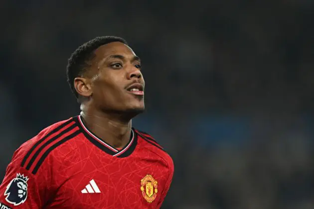 Manchester United's French striker #09 Anthony Martial celebrates after scoring his team third goal during the English Premier League football match between Everton and Manchester United at Goodison Park in Liverpool, north west England on November 26, 2023. (Photo by Paul ELLIS / AFP) / RESTRICTED TO EDITORIAL USE. No use with unauthorized audio, video, data, fixture lists, club/league logos or 'live' services. Online in-match use limited to 120 images. An additional 40 images may be used in extra time. No video emulation. Social media in-match use limited to 120 images. An additional 40 images may be used in extra time. No use in betting publications, games or single club/league/player publications. / (Photo by PAUL ELLIS/AFP via Getty Images)