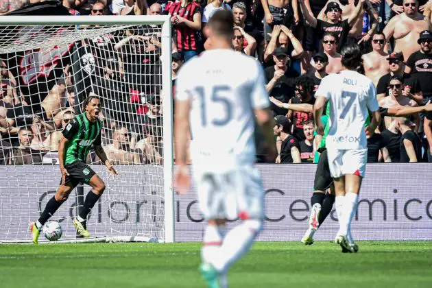Sassuolo's French forward #45 Armand Lauriente (L) celebrates scoring his team's second goal during the Italian Serie A football match between Unione Sportiva Sassuolo and AC Milan at the Mapei Stadium in Reggio Emilia, on April 14, 2024. (Photo by Piero CRUCIATTI / AFP) (Photo by PIERO CRUCIATTI/AFP via Getty Images)