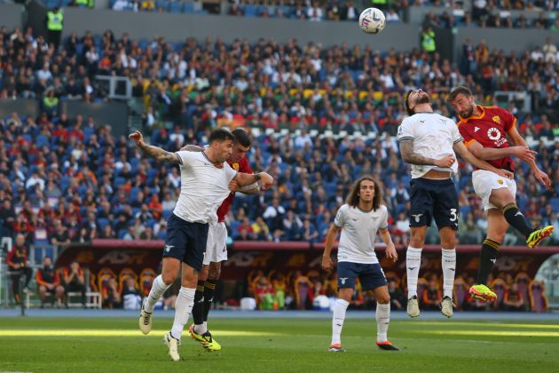 ROME, ITALY - APRIL 06: Bryan Cristante of AS Roma competes for the ball with Mario Gila of SS Lazio during the Serie A TIM match between AS Roma and SS Lazio at Stadio Olimpico on April 06, 2024 in Rome, Italy. (Photo by Paolo Bruno/Getty Images)