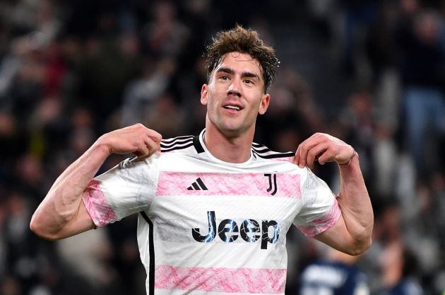 TURIN, ITALY - APRIL 02: Dusan Vlahovic of Juventus celebrates scoring his team's second goal during the Coppa Italia Semi-Final match between Juventus FC and SS Lazio at the Allianz Stadium on April 02, 2024 in Turin, Italy. (Photo by Valerio Pennicino/Getty Images)
